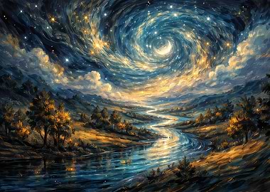 Starry Night River Landscape Painting