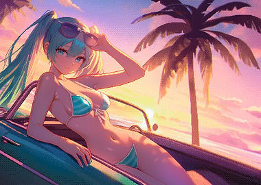 Anime Girl in Bikini on Car