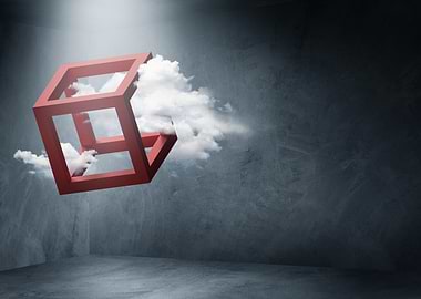 Red Cube with Clouds in Room