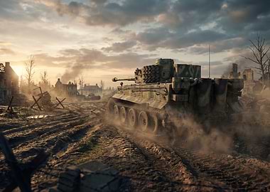 Tiger Tank in War-Torn Landscape