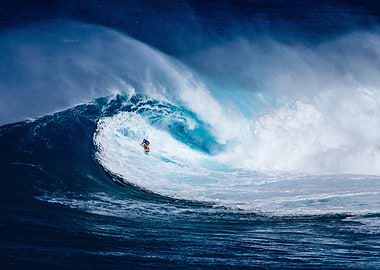 Surfer riding a massive ocean wave