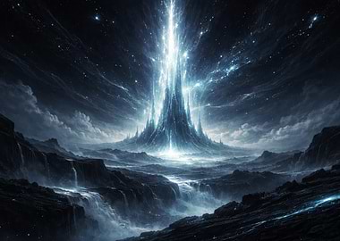 Mystical Mountain Peak with Celestial Light