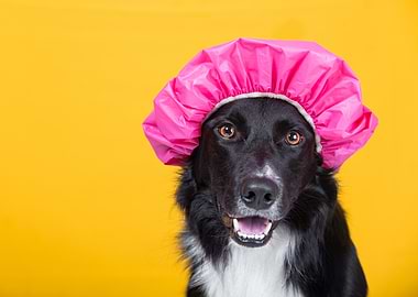 Dog with Pink Shower Cap