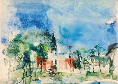 Watercolor Landscape with Building and Trees