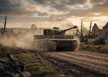 Tiger Tank in War-Torn Landscape