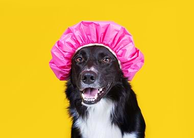 Dog with Pink Shower Cap