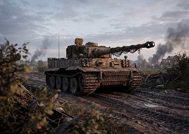 Tiger Tank in War-Torn Landscape