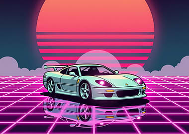 Retro Synthwave Sports Car on Neon Grid Sunset Background