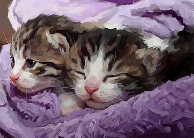 Two Kittens Snuggling in Purple Blanket