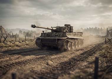 Tiger Tank in War-Torn Landscape