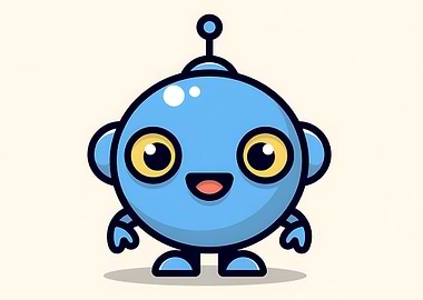 Cute Blue Robot Mascot Character with Big Eyes on Light Background