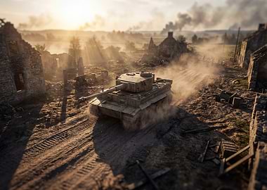 Tiger Tank in War-Torn Landscape