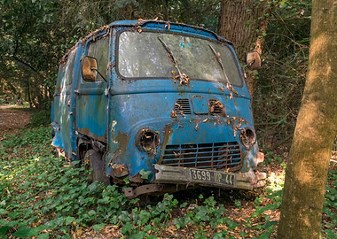 Abandoned Blue Van in Forest