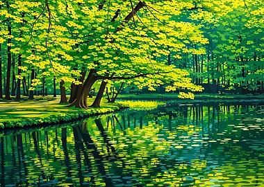 Lush Green Forest and Lake Reflection