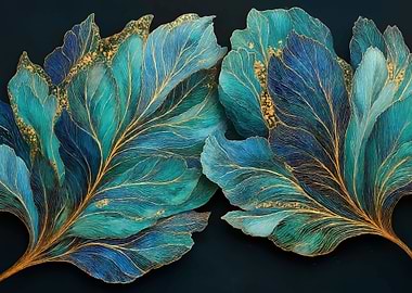 Teal and Gold Leaf Abstract Art