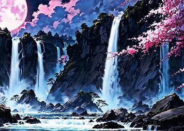Waterfall and Cherry Blossoms under Moonlight