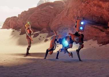 Woman and Robot in Desert Landscape