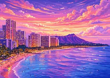 Waikiki Beach at Sunset Minimalist Art Illustration
