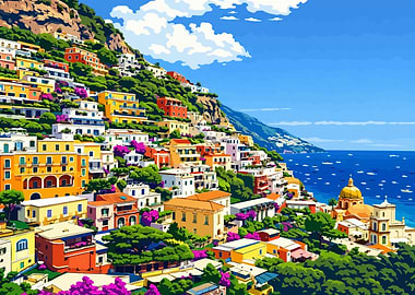 Colorful European Coastal Town on Hillside