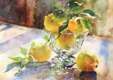 Watercolor Lemons in Glass Bowl Still Life