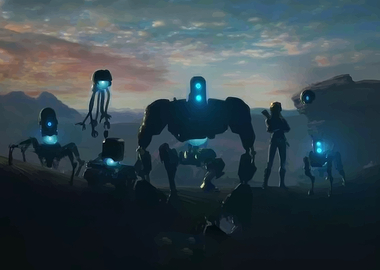 Sci-Fi Landscape with Robots and Figure