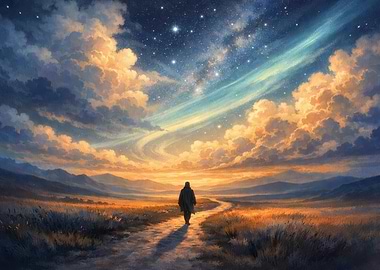 Person Walking Under Starry Sky Painting