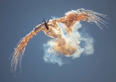 Helicopter deploying flares in blue sky