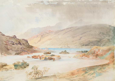 Watercolor Landscape with Lake and Mountains