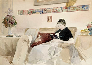 Woman Reading on Sofa, Watercolor Painting