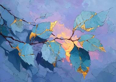 Blue Leaves with Gold Accents Painting