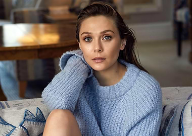Elizabeth Olsen portrait in blue sweater