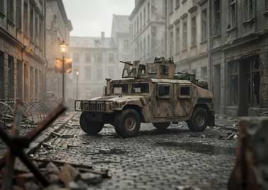 Humvee in War-Torn City Street