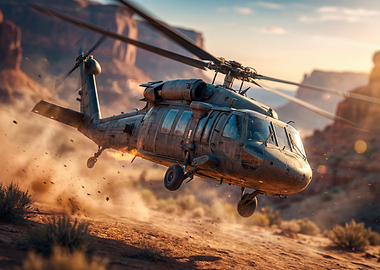 Military Helicopter in Desert Landscape