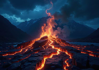 Volcanic Eruption Landscape with Lightning