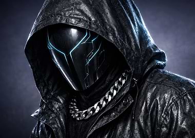 Cyberpunk Hooded Figure with Futuristic Mask