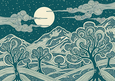 Stylized Night Landscape with Trees