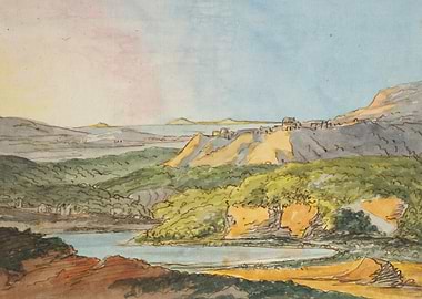 Watercolor Landscape with Coastal Village