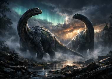 Two Dinosaurs in a Prehistoric Landscape