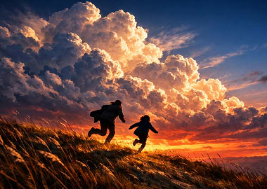 Children Running at Sunset