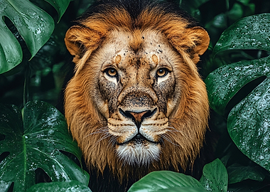 Lion portrait in tropical foliage