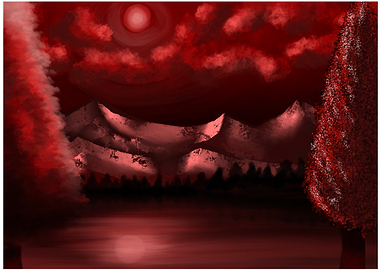 Red Mountain Landscape with Moon
