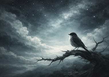 Bird on Branch Under Starry Sky