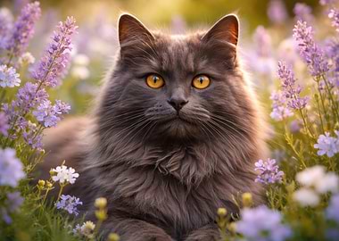Gray Cat in Lavender Field Portrait