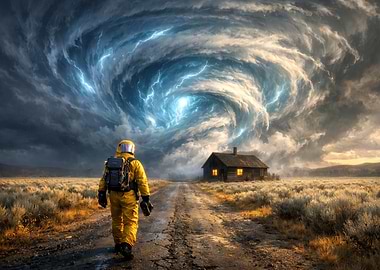 Hazmat Suit, Tornado, and Rural Landscape