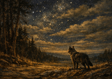 Wolf Under Starry Night Sky Painting