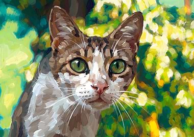 Cat Portrait Painting with Green Eyes