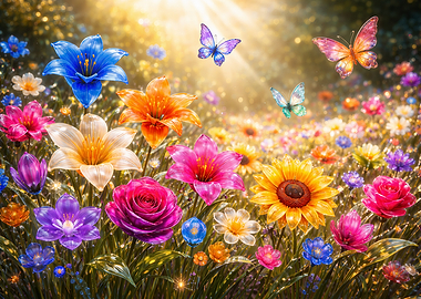 Colorful Flowers and Butterflies Meadow