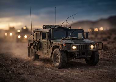 Humvee on a dusty road