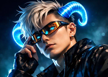 Cyberpunk Demon Boy with Glowing Horns
