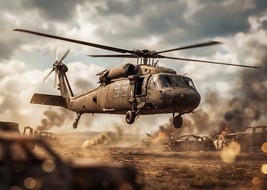 Military Helicopter in War Zone